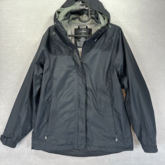 LL Bean Stowaway Gore-Tex Rain Jacket Womens Small Black Hooded Zip Up Hiking - Picture 1 of 16